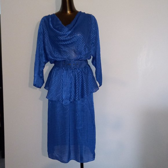 Cowl-neck chiffon dress with peplum & dolby sleeves, vintage 1970s-1980s - Picture 1 of 16